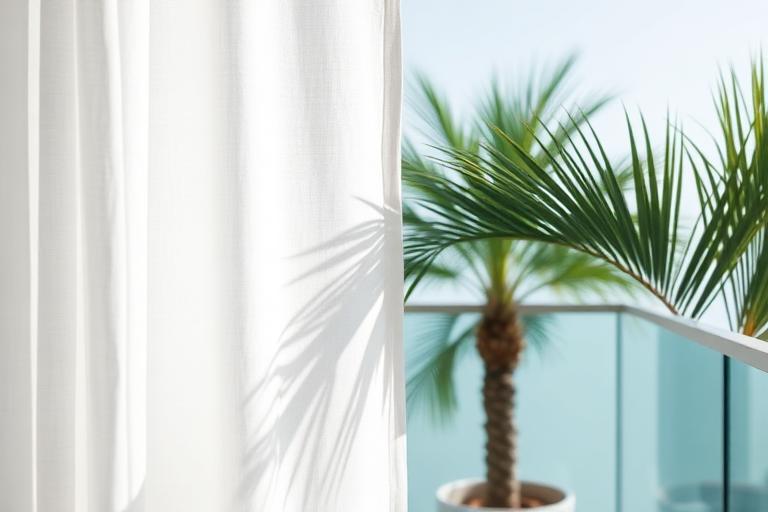 Palm shadow on linen curtain