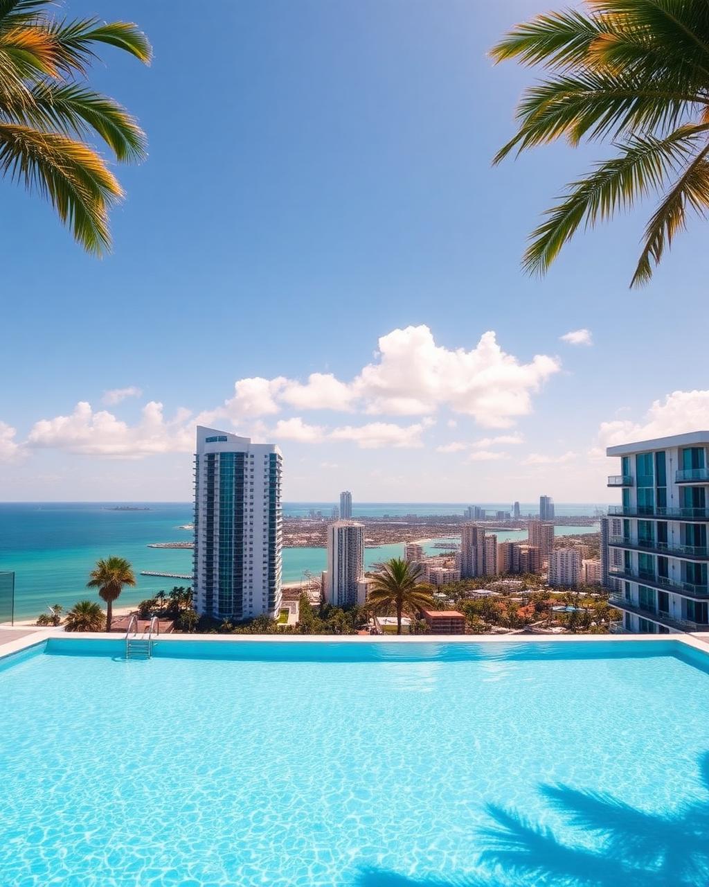 Infinity pool overlooking Miami skyline with palm trees